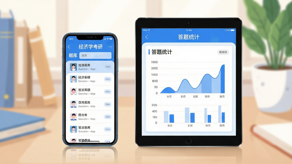 画面主体为手机与平板设备并排展示经济学考研APP界面,屏幕中清晰显示题库列表与答题统计图表,背景为柔和的学习场景书桌与绿植,整体布局平衡饱满,采用扁平化风格搭配清新蓝白主色调,细节包含高光质感与柔和阴影,画质清晰干净,无多余元素。