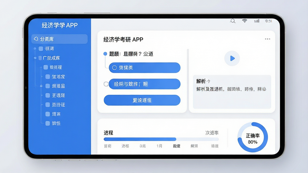 画面主体为经济学考研APP的题库界面截图风格展示,左侧分类树状菜单,右侧题目卡片带有选项按钮与解析区域,下方进度条与正确率环图,背景为浅灰色渐变,整体采用扁平化UI设计,蓝色主题色点缀,布局清晰直观,细节圆润,画质干净无多余元素。