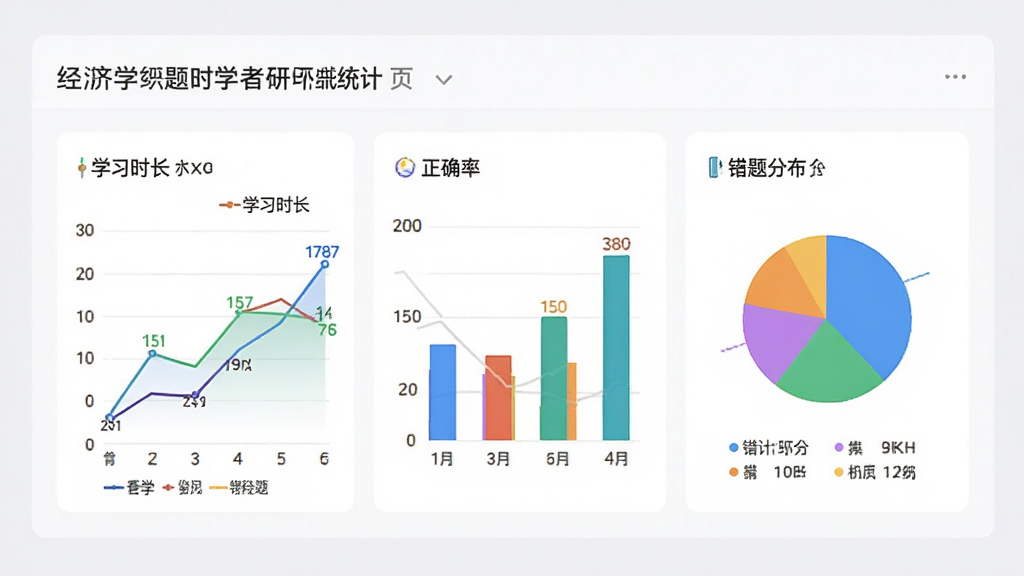 画面主体为经济学考研APP的统计报表页,包含折线图、柱状图与饼图,展示学习时长、正确率与错题分布,图表色彩明快,背景为白色卡片与浅灰底,整体风格简洁商务,细节有数据标签与图例,画质干净无多余元素。