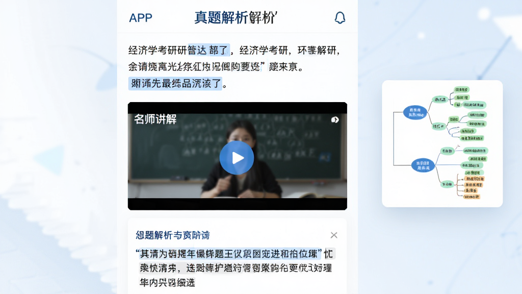 画面主体为经济学考研APP的真题解析页面,上方为题目原文,下方为名师讲解视频窗口与文字解析卡片,右侧悬浮思维导图缩略图,背景淡雅,整体采用教育类APP常见的白底蓝字配色,布局层次分明,细节包含播放按钮与高亮关键词,画质干净无多余元素。