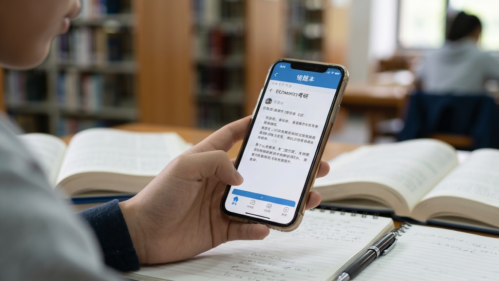 画面主体为一名学生正使用手机在图书馆学习经济学考研APP,屏幕上显示错题本界面,周围有书本与笔记本,光线自然柔和,采用写实摄影风格,构图以学生手部与手机为焦点,背景虚化,画质干净清晰,无多余元素。