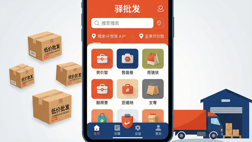 画面主体为一部放大的智能手机屏幕占据视觉中心,屏幕内清晰显示“驿批发”APP的首页界面,界面顶部有搜索栏和定位信息,中部是分类商品图标方格,底部为功能导航栏。手机左侧漂浮着几箱标注“低价批发”的货物,右侧有物流货车和仓库剪影,整体布局饱满有序。风格采用扁平化插画结合轻微拟物细节,色彩以橙红和深蓝为主色调,明亮通透。细节上强调屏幕内图标的清晰可读,背景为干净的浅灰色渐变,画质高清干净无多余杂物。