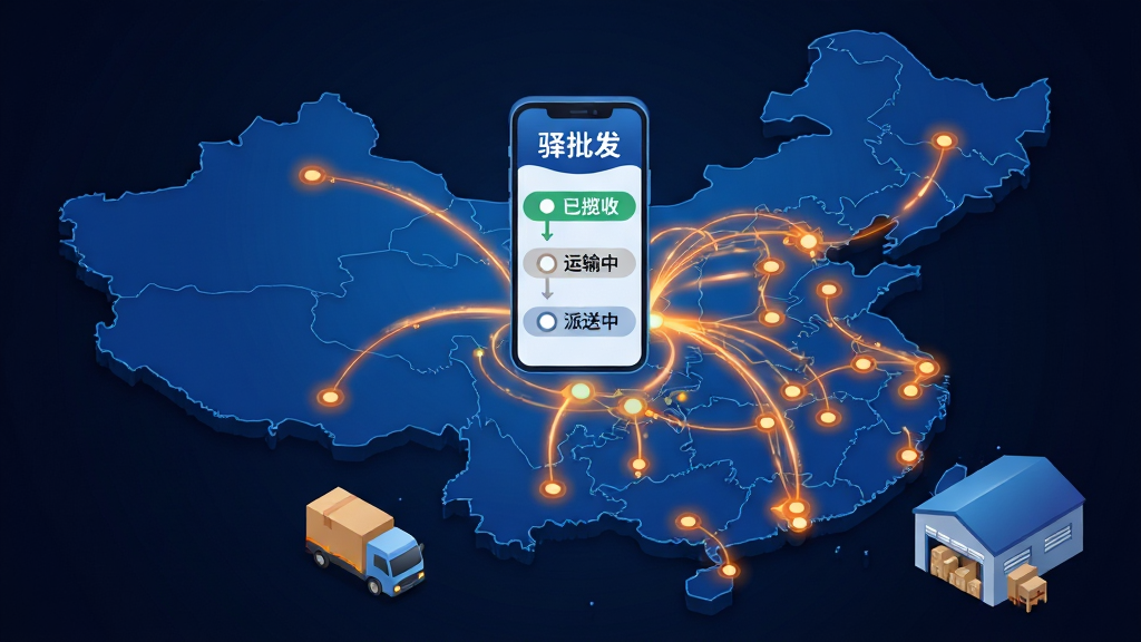 画面主体为一张中国地图轮廓的深蓝色背景,地图上散布着多条发光的橙色物流线路,从不同城市汇聚到中心一个放大的手机图标上,手机屏幕内显示“驿批发”的订单物流跟踪界面,有“已揽收”、“运输中”、“派送中”等状态节点。地图下方配有小型快递货车和仓库立体模型,整体布局为俯视视角,风格偏科技感信息图,线条流畅带有光效,背景为深色渐变,细节强调地图上的节点和路线发光效果,画质清晰干净,无文字遮挡。