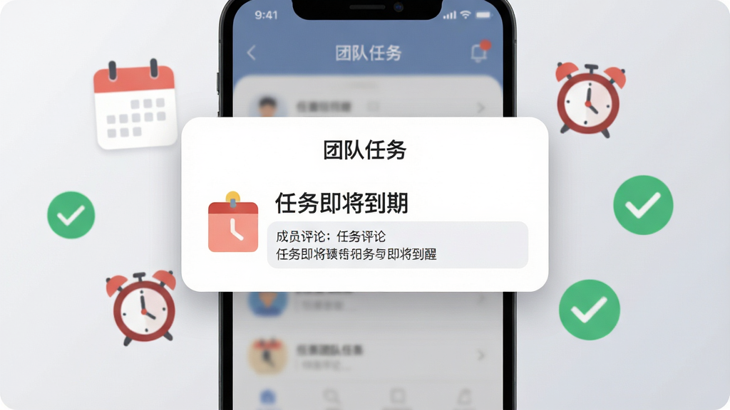 主体为“团队任务”软件的通知提醒弹窗界面,手机屏幕中央悬浮一条新消息提醒,显示“任务即将到期”与成员评论预览,周围散落着日历图标、闹钟图标与已完成对勾图标;背景采用浅灰色渐变,布局采用居中构图,排版简洁突出文字信息;扁平化2D插画风格,细节包括圆角弹窗与柔和阴影;画质干净,无多余元素。