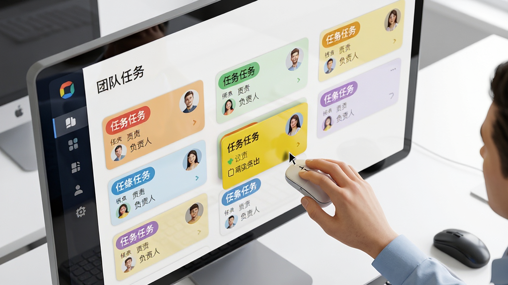 主体为“团队任务”软件PC端看板界面特写,屏幕上横向排列多个任务列表,彩色标签卡片上清晰标注任务名称与负责人头像,一名用户正用鼠标拖拽一张黄色任务卡片;背景为简洁明亮的办公室桌面,布局采用对角线构图,排版突出看板列与卡片细节;写实3D渲染风格,细节包括屏幕反光与鼠标指针阴影;画质细腻,干净无多余元素。