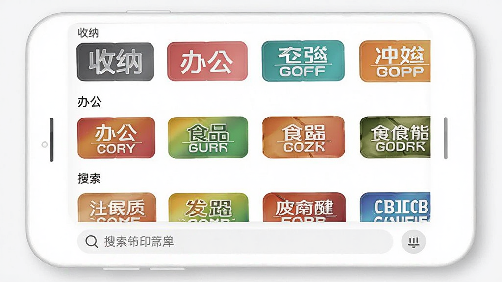 С���ӡģ�����棬��Ļ��չʾ����ɫ��ǩģ������ͼ����Ϊ���ɡ��칫��ʳƷ�ȷ��࣬�ײ���������������Ϊ��ɫ�ֻ����棬����Լ�ִ���ϸ�ڷḻ�����ʸɾ��޶���Ԫ��