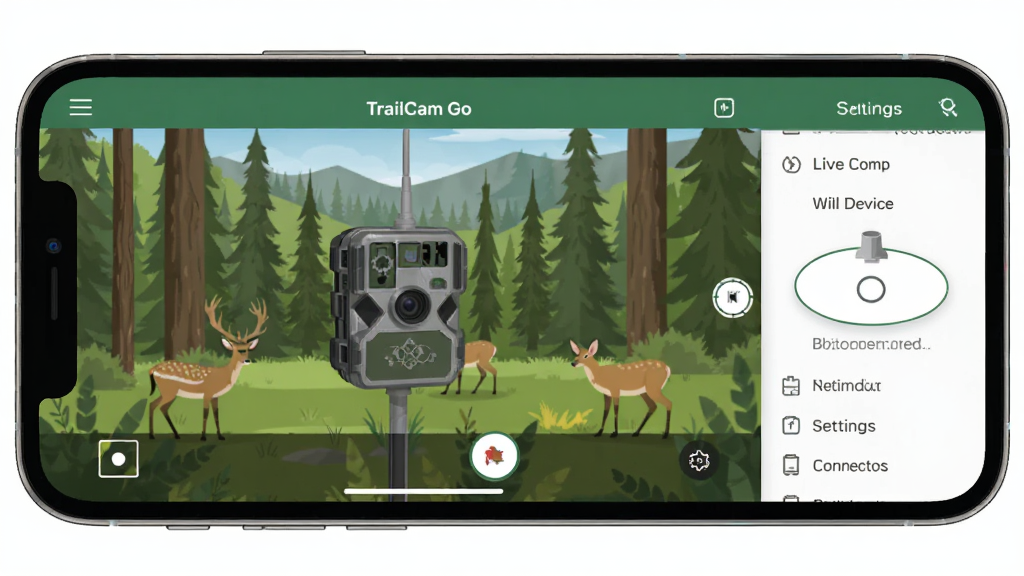 TrailCam Go app interface on smartphone showing wildlife camera preview, smart device connected to outdoor trail camera, user interface with live view and settings, landscape background with forest and animal, clean UI layout, modern flat design style, high detail, clear and bright, no extra elements