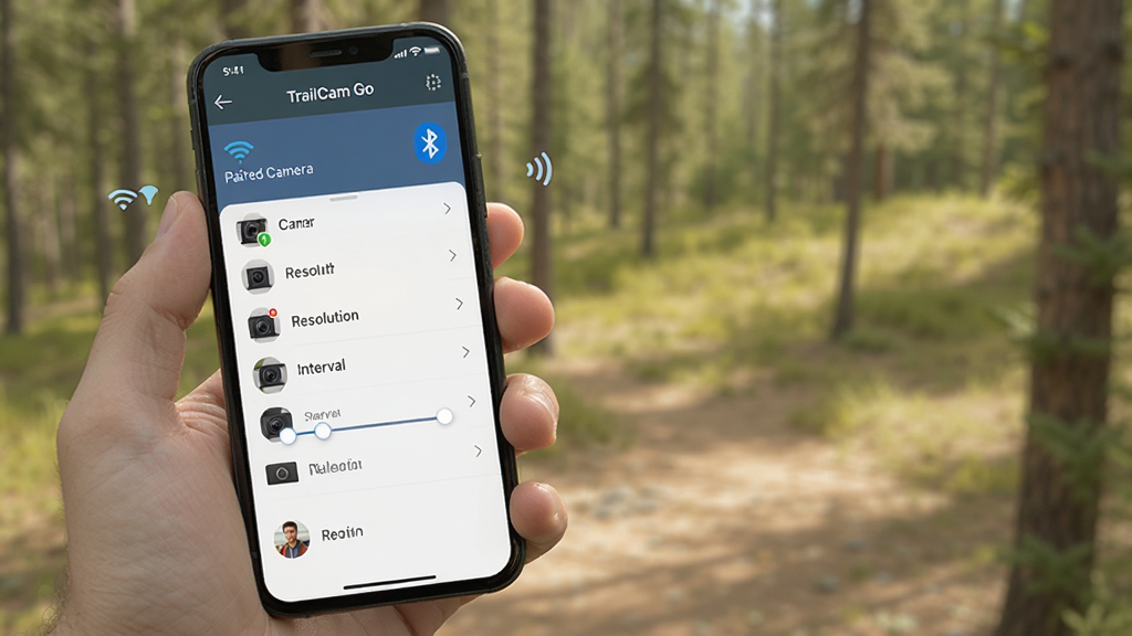 TrailCam Go app remote connection screen showing paired camera list, Bluetooth and Wi-Fi signal icons, camera settings panel with resolution and interval controls, user hand holding smartphone outdoors, natural lighting, professional screenshot style, high quality, clean composition, no extra elements