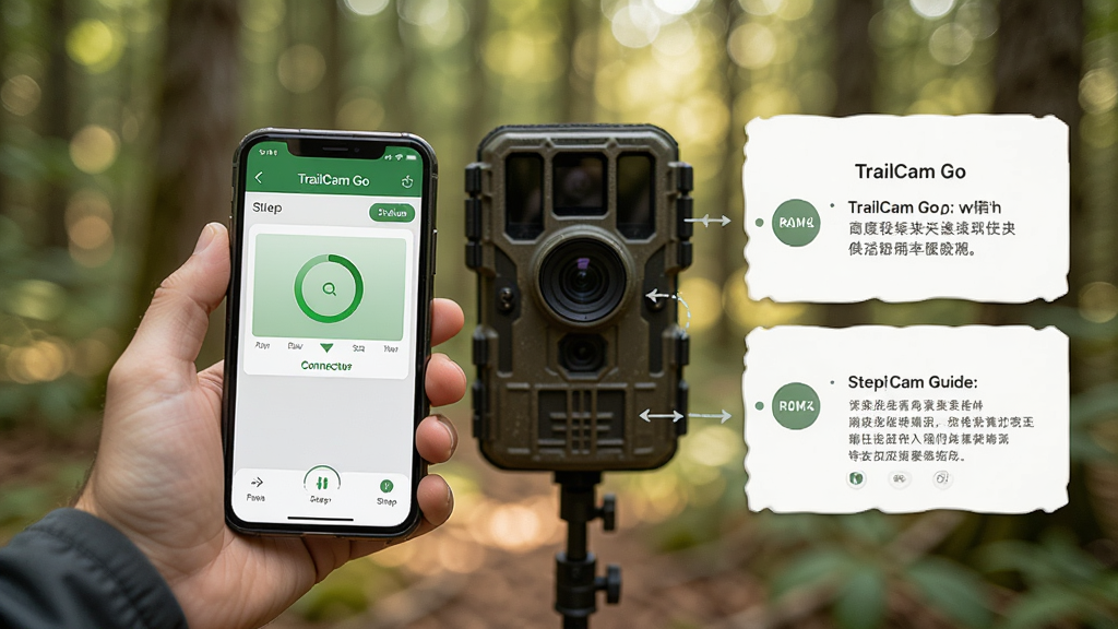 TrailCam Go app user holding phone near outdoor trail camera, checking connection status, forest background with soft bokeh, step by step guide style, realistic photo, high quality, clean and clear composition
