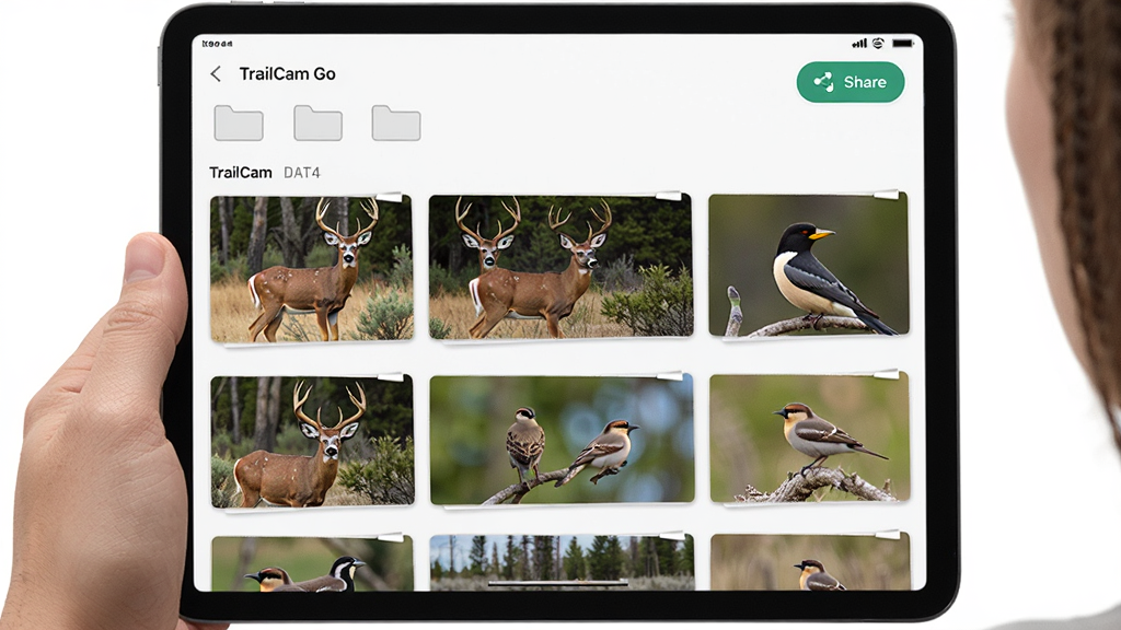 TrailCam Go photo gallery interface with grid of wildlife images, folders grouped by camera name and date, share button highlighted, deer and bird photos displayed, user browsing on tablet, clean modern UI, high resolution, detailed textures, no extra elements