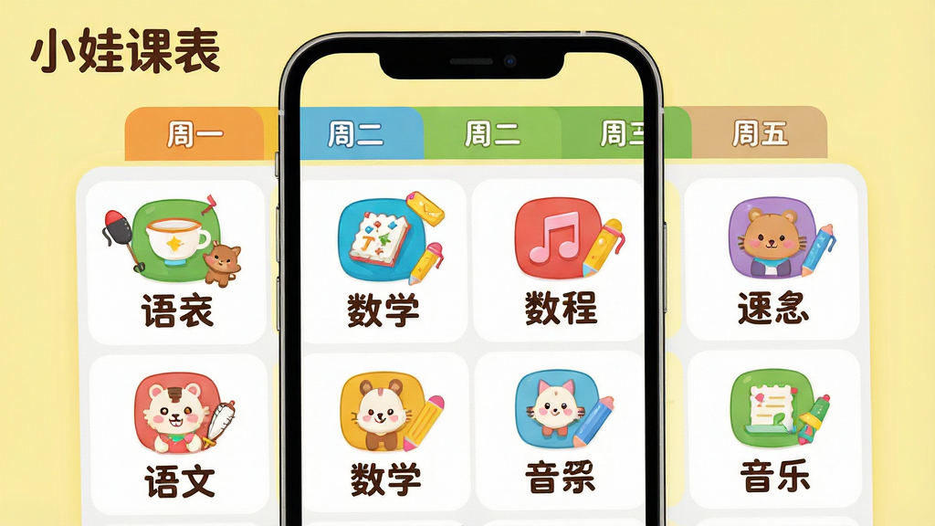 主体:一款名为“小娃课表”的手机应用界面,屏幕内展示色彩鲜艳的卡通风格课程表。布局:手机居中,屏幕内课程格子排列整齐,包含“语文”、“数学”、“音乐”等彩色图标,顶部有“周一”至“周五”标签。排版:界面清晰,图标下方配有大号圆润字体课程名称。风格:扁平化卡通插画风格,色彩明亮欢快,背景为淡黄色。细节:每个课程图标旁有小动物或文具的小装饰,屏幕左上角显示“小娃课表”字样。画质:高清,干净,无多余元素。
