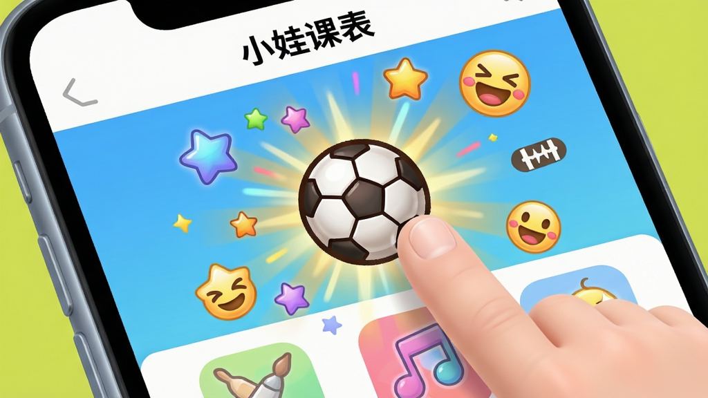 主体:手机屏幕特写,展示“小娃课表”中点击“体育”课程图标时的动画效果。布局:屏幕中央一个足球图标被手指点中,周围迸发出彩色星星和欢呼表情符号。排版:动态画面,焦点集中在足球图标及扩散的动画光效。风格:Q版卡通渲染,动感十足,色彩活泼。细节:屏幕下方其他课程图标(如美术、音乐)呈半隐藏状态,上方有“小娃课表”应用的导航栏。画质:细腻流畅,画面干净,无多余元素。