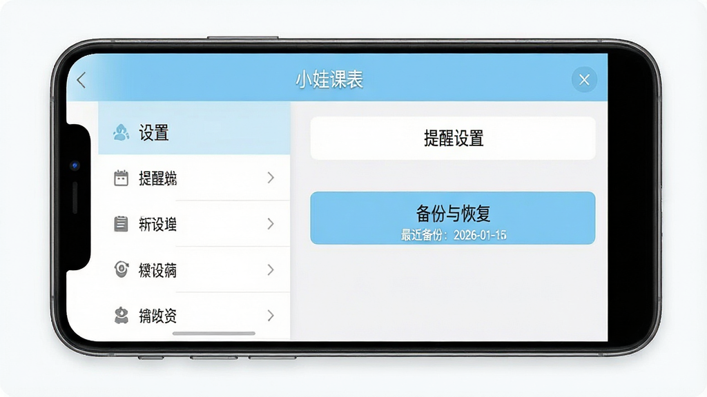 主体:一张手机截图显示“小娃课表”的设置页面。布局:页面左侧为菜单列表,右侧显示“提醒设置”与“备份与恢复”选项。排版:清晰的列表式布局,文字居中。风格:简洁的扁平化设计,主色调为浅蓝色与白色。细节:其中“备份与恢复”选项高亮显示,下方有一行小字标注“最近备份:2026-01-15”。画质:高清,干净,无多余元素。