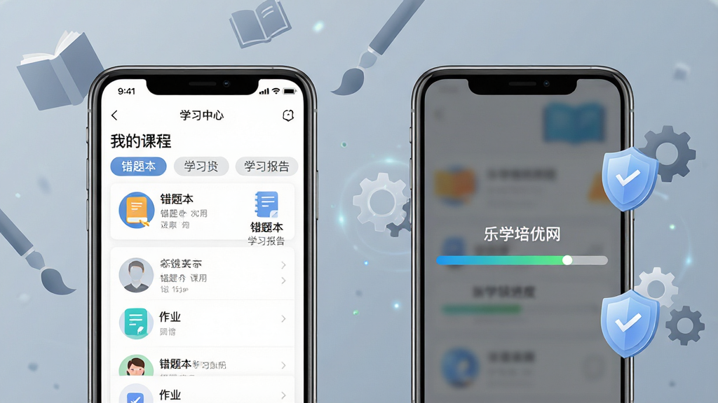 ���壺һ�������ֻ�����������ѧ������App��ѧϰ����ҳ�棬��һ���ֻ����Ա���ʾ��װ���̡����֣�����ֻ���Ļ����ʾ���ҵĿγ̡��б��͡���ҵ��ͼ�ꣻ�Ҳ��ֻ���Ļ��ʾ��װ����������Χ�г��ֺͶ���ͼ����������밲ȫ���Ű棺�����ֻ����ţ�����Ϊ��͵Ļ���ɫ���и������鱾�ͱ�ˢͼ����������¼�࣬�Ƽ��С�ϸ�ڣ���װ���������С���ѧ���������������������С����Ȿ������ѧϰ���桱�ȱ�ǩ�����ʣ����壬�ɾ����޶���Ԫ�ء�
