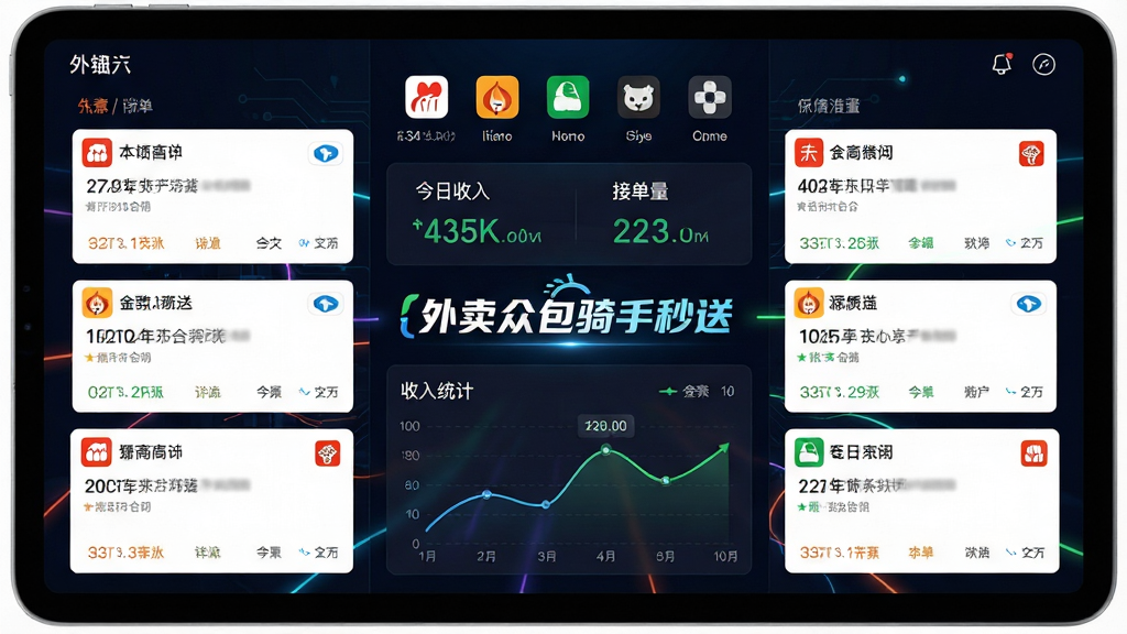 主体:一块大屏幕或平板设备,分屏显示多个外卖平台订单列表,中间以“外卖众包骑手秒送”LOGO连接;布局:左中右三栏结构,左右两侧为不同平台的订单卡片,中间为软件数据汇总面板;排版:上方一行小图标代表各平台,下方为收入统计折线图;风格:科技感信息图风格,深色背景搭配亮色数据线条,整洁有序;细节:每个订单卡片角落有平台小标识,中间面板显示“今日收入”与“接单量”数字;画质:高清,无多余元素。