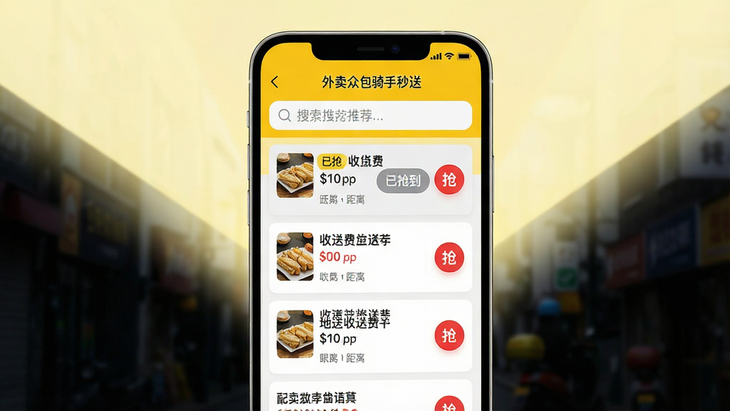 主体:智能手机屏幕放大展示“外卖众包骑手秒送”抢单界面,多个订单卡片纵向排列,顶部有“智能推荐”标签;布局:手机居中,背景为淡黄色光效,订单卡片清晰可见配送费金额与距离;排版:界面顶部搜索栏下方为订单列表,每个卡片左侧为商户与收货地址、右侧为“抢”按钮;风格:UI设计稿风格,扁平化图标,色彩鲜明对比,突出黄色主题色;细节:第一张订单卡片标记“已抢”,按钮变为灰色“已抢到”,其余卡片红色“抢”字醒目;画质:高清,干净无多余元素。