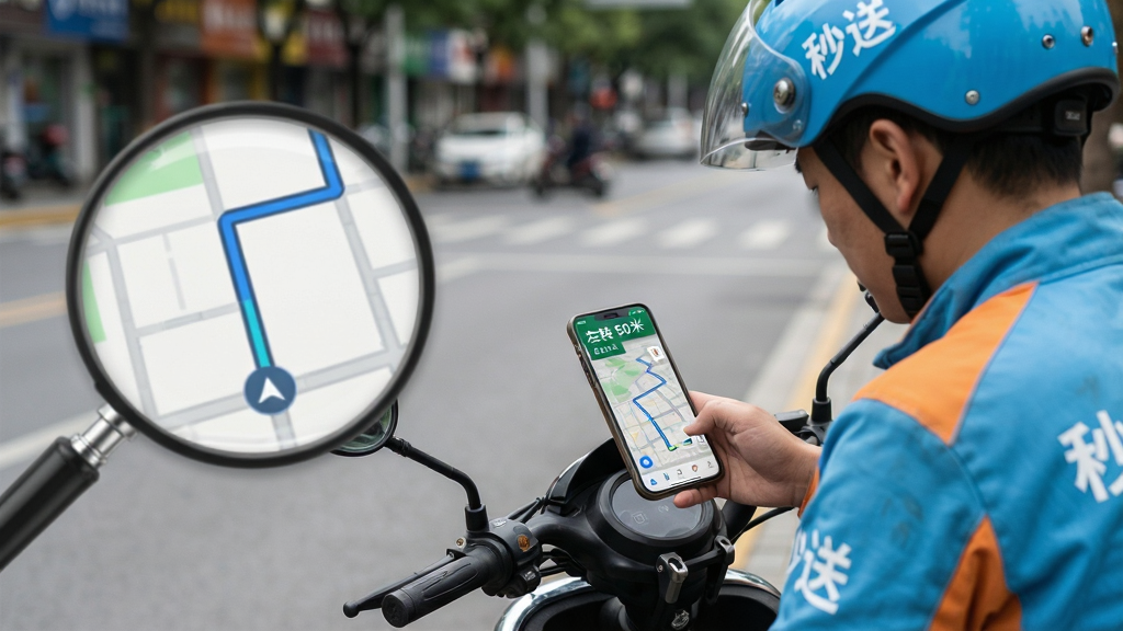 主体:一名骑手在路边电动车旁低头查看手机上的“外卖众包骑手秒送”导航画面,手机屏幕显示地图路线;布局:骑手位于画面右侧,左侧留白展示地图路线放大镜效果;排版:手机屏幕中文字清晰可见,周围有模糊的街道背景;风格:写实摄影风格,自然光线,色彩真实;细节:手机支架固定在车把上,屏幕显示“左转 50米”提示,骑手头盔与工服有“秒送”字样;画质:高清照片质感,干净无多余元素。