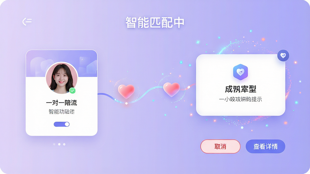 ���壺Ӧ�á�һ��һ���ġ�������ƥ����棬������û��������Ͽ�Ƭ���Ҳ���ƥ��ɹ���ʾ���������֣����ҷ���ʽ��ƣ��м�һ�������������ߴ�����������ͼ�ꡣ�Ű棺���涥���С�����ƥ���С��������ײ�Ϊ��ȡ�����͡��鿴���顱��ť����񣺿Ƽ�������͸н�ϣ�����Ϊǳ��ɫ���䡣ϸ�ڣ�ƥ����̴��ж�̬����Ч��������Բ���������������ʣ��߷ֱ��ʣ��ɾ��޶���Ԫ�ء�