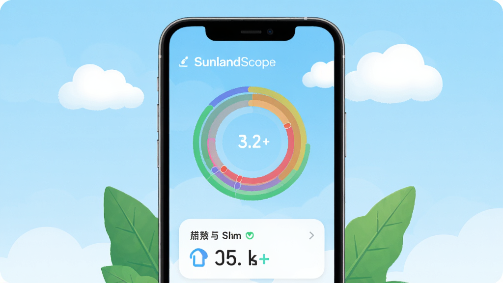 ��������ΪSunlandScopeӦ�ý���չʾ�����������ֻ��������֣���Ļ����ʾ��ɫ�������ݻ���ͼ���벽��ͳ�ƿ�Ƭ������Ϊǳ��ɫ���䣬���԰�ɫ�ƶ�����ɫ��Ҷװ�Σ����������¼�Լ�����ʸ���ɾ����޶������ֻ�Ԫ��