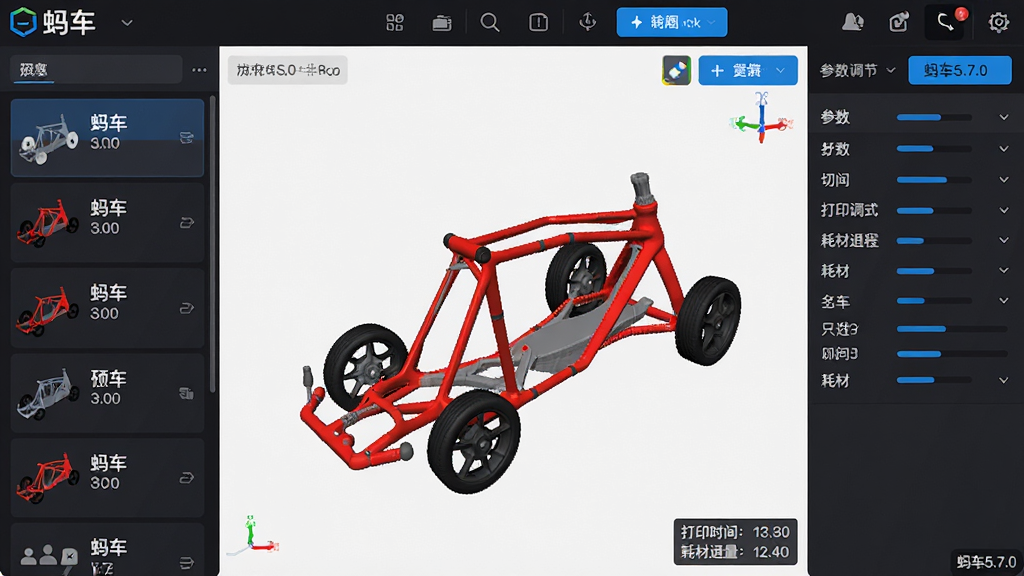 主体:蚂车软件主界面,展示3D模型切片预览。布局:左侧为模型列表,右侧为参数调节面板,中央为模型三维视图,顶部为工具栏。排版:界面分区清晰,按钮排列有序。风格:现代简洁的深色UI风格,带蓝色高亮。细节:模型显示为红色车架,右下角显示打印时间与耗材用量,文字标注