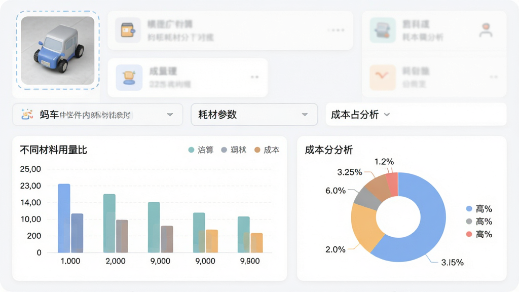 主体:蚂车软件内耗材估算统计界面,显示柱状图与饼状图。布局:上方为模型缩略图,中部为耗材参数下拉菜单,下方为成本分析图表。排版:图表数据清晰,配色柔和。风格:明亮干净的卡片式UI。细节:柱状图对比不同材料的用量,饼状图显示成本占比,标注