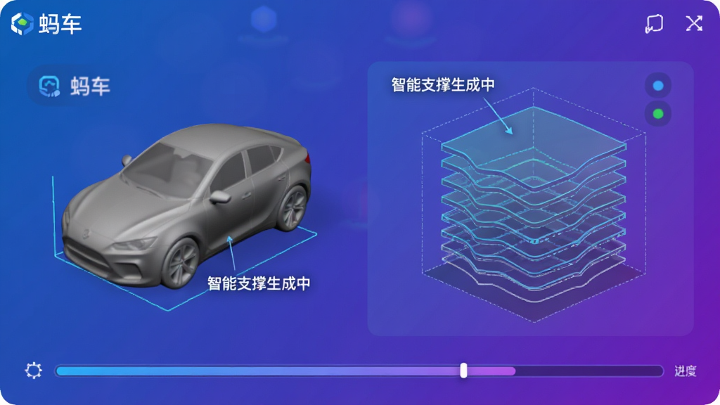 主体:蚂车智能切片引擎工作状态,屏幕显示模型分层切片过程。布局:左侧为模型原始形状,右侧为切片后的逐层预览,底部为进度条。排版:信息层次分明,图标简洁。风格:科技感强的蓝紫渐变背景。细节:切片线条清晰可见,标注