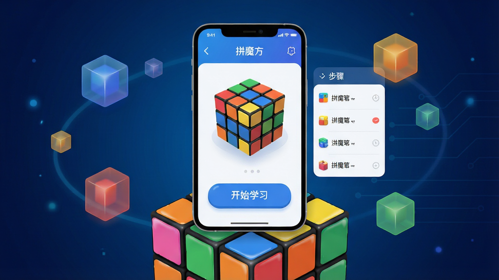 主体:一款名为“拼魔方”的手机应用界面悬浮于多彩魔方之上,界面显示3D魔方模型与“开始学习”按钮。布局:应用界面居中,周围环绕半透明的彩色方块元素,背景为深蓝色科技感渐变。排版:界面UI清晰展示魔方预览区与步骤列表,主按钮醒目。风格:现代扁平化结合轻拟物,色彩明亮活泼,突出教育工具的趣味性。细节:魔方表面色块高光自然,界面文字清晰,整体画面干净无多余元素。画质:4K高清,渲染细腻,无噪点。