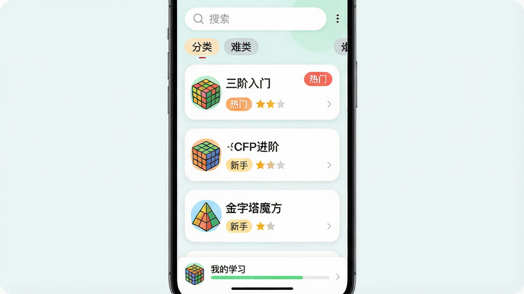 主体:手机应用内教程列表页面,展示“三阶入门”、“CFOP进阶”、“金字塔魔方”等课程卡片。布局:列表纵向排列,每张卡片包含魔方小图标、课程名称与难度星级。排版:卡片式设计,信息层级分明,顶部有搜索栏与分类标签。风格:清爽的浅色背景,卡片圆润,色彩明快。细节:课程卡片上标注“热门”、“新手”等标签,界面底部有“我的学习”进度栏。画质:界面截图风格,高清,无多余元素。