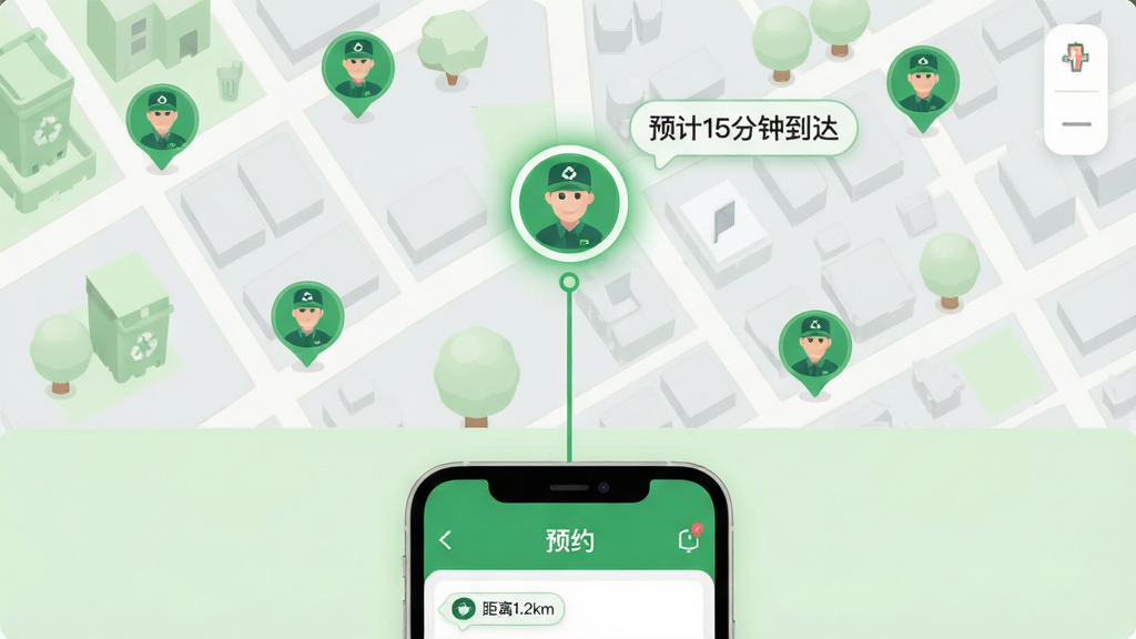 ͼƬ����Ϊ���н������ӵ�ͼ����ͼ����ͼ���ж����ɫ����Աͷ���ǵ㣬����һ��������ʾ���������ײ��ֻ�ԤԼ���档���ֲ����ϵ�ͼ���ֻ��ķ�����ͼ�����Ϊ��ƽ��UI��ƽ���������Ԫ�ء�ϸ�����ע������1.2km���͡�Ԥ��15���ӵ����С����˵�������������ɶ�������ɫ��Ϊ������ǳ�ң����ʸɾ��������޶���װ�Ρ�