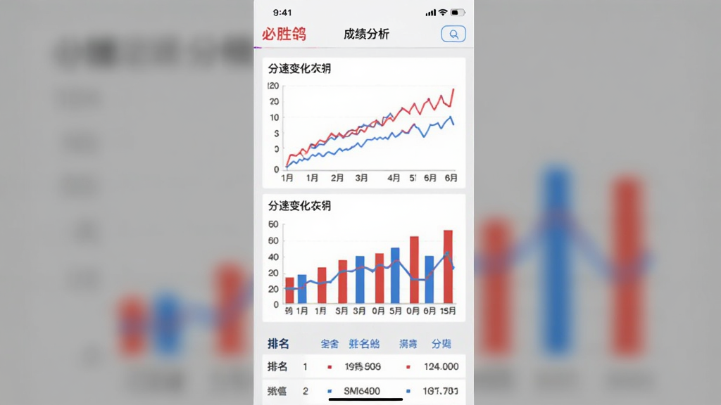 ��������Ϊ����ʤ�롱APP�ڵĳɼ�����ҳ�棬������ͼ����״ͼչʾ���ٱ仯���·�Ϊ�������񡣲���Ϊ�ƶ������������ͼ����չʾ������Ϊǳ��ɫ�ף�ͼ������Ϊ��ɫ����ɫ�����Ϊ�ִ����ݿ��ӻ����ϸ�ڰ������������������㻷�ţ����ʸɾ��޶���Ԫ�ء�