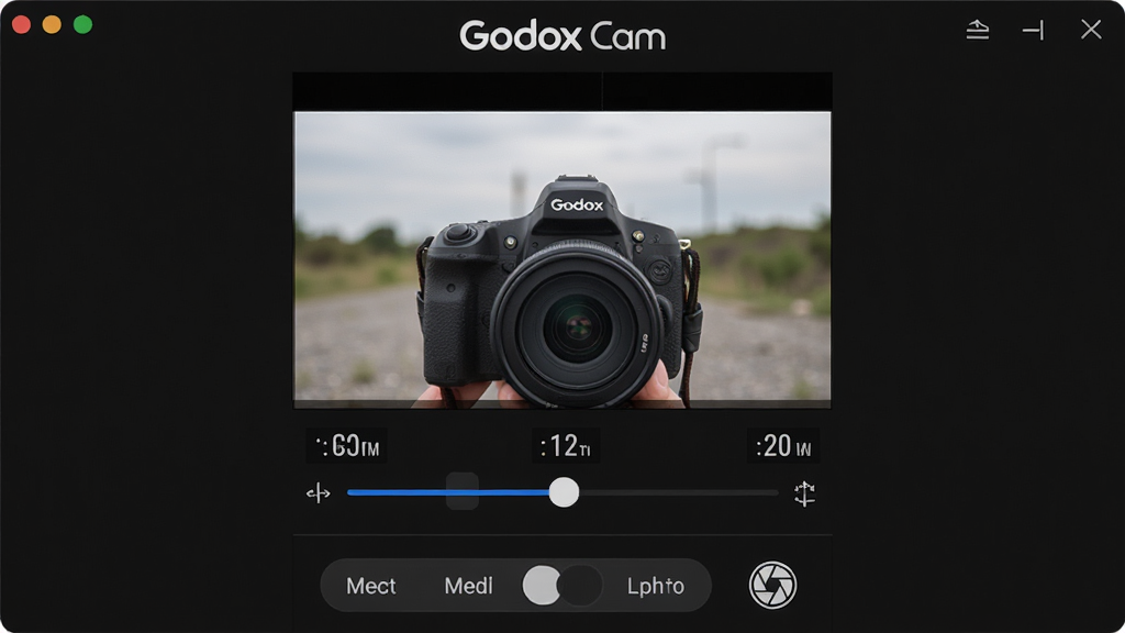 一张神牛相机(Godox Cam)软件主界面截图,界面风格简洁现代,深色背景,顶部显示“Godox Cam”白色品牌Logo,中央为相机实时取景画面,画面中有清晰的曝光参数调整滑块,下方为模式切换按钮与快门图标,整体布局清晰,排版整齐,画质细腻,UI设计干净无多余元素