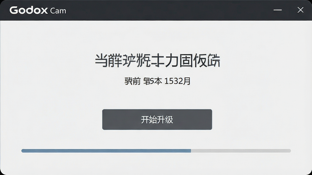 一张Godox Cam应用固件升级界面截图,屏幕中央显示相机型号与当前固件版本,下方为“开始升级”按钮,并配有进度条,界面风格专业,配色沉稳,细节清晰,排版整洁,画质干净