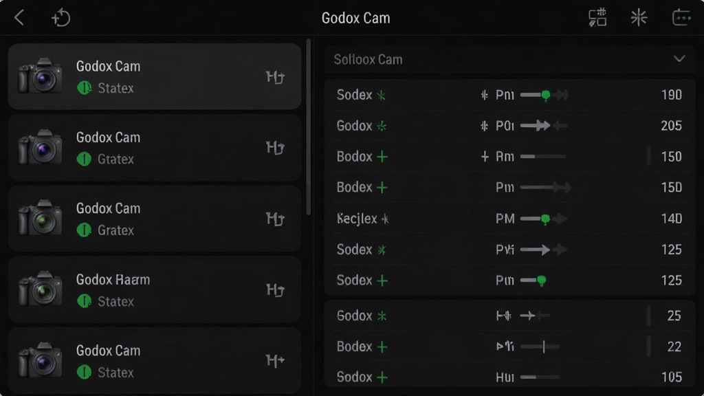 一张Godox Cam应用多设备管理界面截图,界面左侧列出多台相机设备名称与状态图标,右侧显示选中相机的详细参数,背景为深色科技风格,界面布局清晰,图标精致,画质高清,无多余元素
