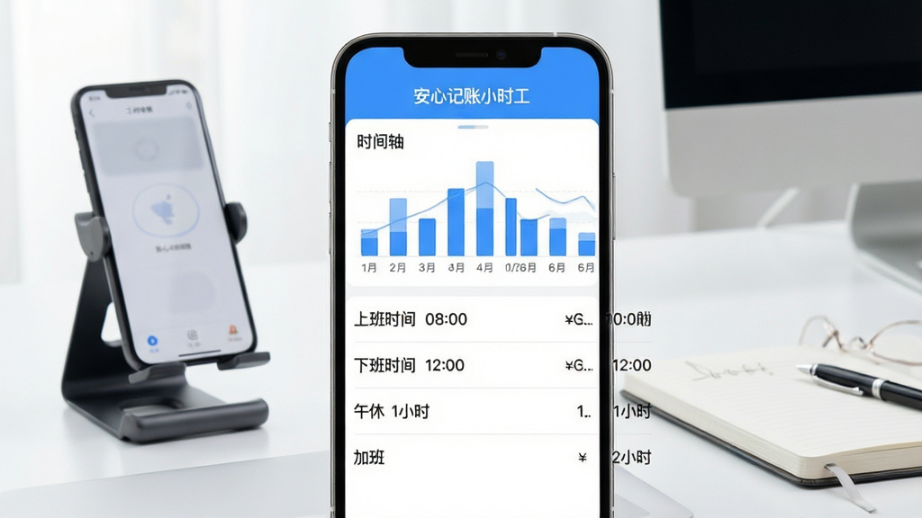����չʾ�����ļ���Сʱ����APP�Ĺ�ʱ��¼ҳ�棬�Ϸ���һ�ŵ����ʱ����ͼ��������ɫ��״ͼչʾ��ͬʱ�εĹ�ʱ�ֲ����·��г����ϰ�ʱ�� 08:00�����°�ʱ�� 12:00�������� 1Сʱ�����Ӱ� 2Сʱ������Ŀ��ÿ���Ҳ���ʾ��Ӧ������Ϊ���İ칫���棬���ֻ�֧�ܺͱʼǱ���������ɾ���ˬ��ͻ�������ļ���Сʱ������������������ͼ�������ʸ��壬�޶���Ԫ�ء�