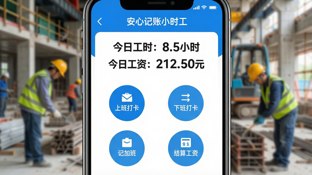 ��������Ϊһ�������ֻ���Ļ��д����Ļ��������ʾ�����ļ���Сʱ����APP�����棬����������Ϊ��ɫ����������ʾ�����չ�ʱ��8.5Сʱ�������չ��ʣ�212.50Ԫ�����������·������š��ϰ�򿨡����°�򿨡����ǼӰࡱ�����㹤�ʡ��ĸ�Բ�ΰ�ť�������黯Ϊһ�����ػ򹤳��������й�����������������дʵ�������Ű��࣬ͻ��APP���ơ����ļ���Сʱ������������ʾ�����ʸ��壬�ɾ��޶���Ԫ�ء�