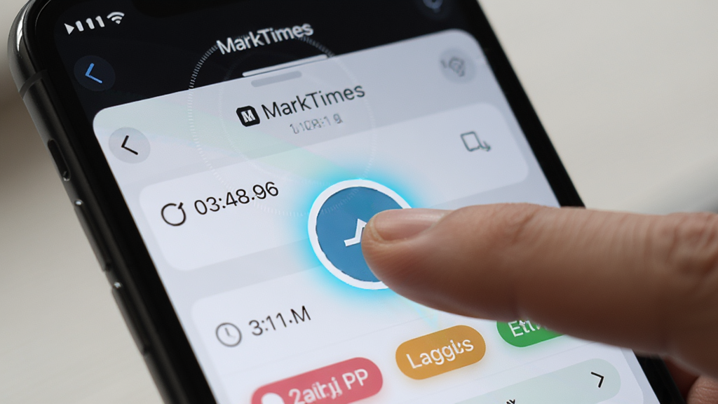 չʾ��ָ���ֻ���Ļ�ϵ��MarkTimesӦ������Ŀ��Բ�α�ǰ�ť�Ľ�������д�������黯��������ʾʱ�������ٱ�ǩ�б������־��У����дʵ�Ҵ��пƼ��У�ϸ�ڰ�����ť���µĹ���Ч������Ļ������ʱ����ʾ�����ʸ���ɾ����޶���Ԫ�أ���Ļ�ڳ��֡�MarkTimes������
