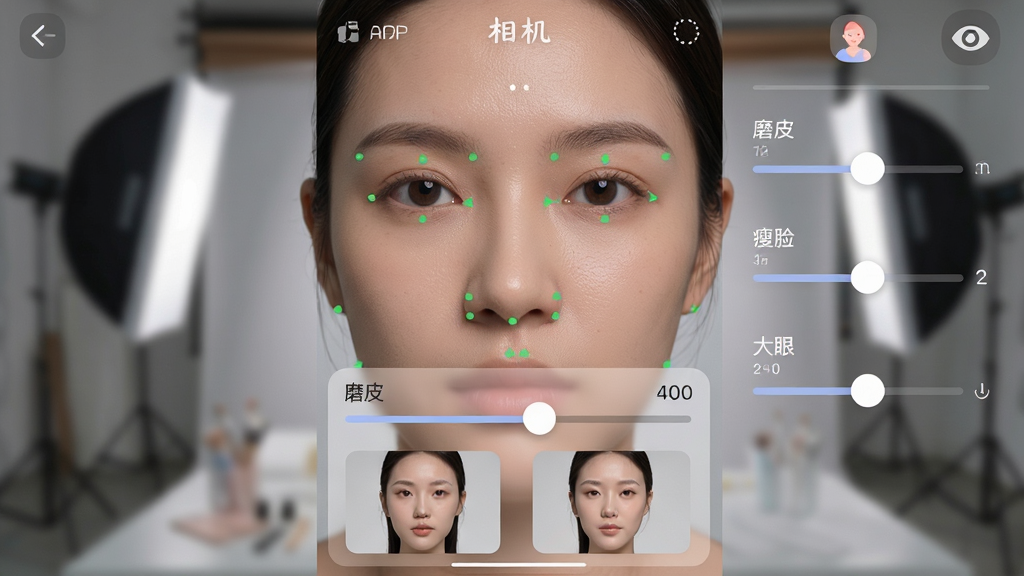���壺һ�����APP�������޽��棬�����沿��дռ����Ļ�󲿷֣��Ҳ��л�����ڡ�ĥƤ�������������������ۡ��Ȳ��������֣��������棬�����沿���У���������������·���͸�������Ű棺ֱ�۵ı༭���棬�����·���ʵʱԤ���ĶԱ�ͼ�����������APP��׼�ļ����ͼ��Բ��ɫ����͡�ϸ�ڣ��������ʱ����ֵ�仯���沿�ؼ�������ɫ��ǵ㣬����Ϊ�黯�Ĺ����һ��������ʣ�ϸ������������Ƥ���ʸ���ʵ���޶���Ԫ�ء�