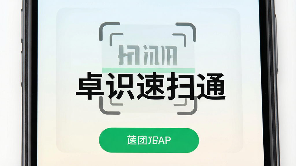 画面主体为智能手机屏幕特写,屏幕中央清晰显示“卓识速扫通”APP界面,背景为浅色渐变,带有扫描框和绿色按钮,界面布局简洁,采用扁平化设计风格,细节丰富,画质清晰,干净无多余元素,突出软件名称“卓识速扫通”