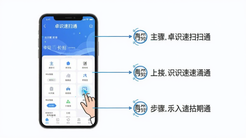 主体为手机操作卓识速扫通的步骤图,屏幕显示主界面,旁边有文字标注步骤,背景干净,排版清晰,风格为简洁教学示意图,细节包含光标或手势指示,画质高,文字“卓识速扫通”出现在界面顶部。
