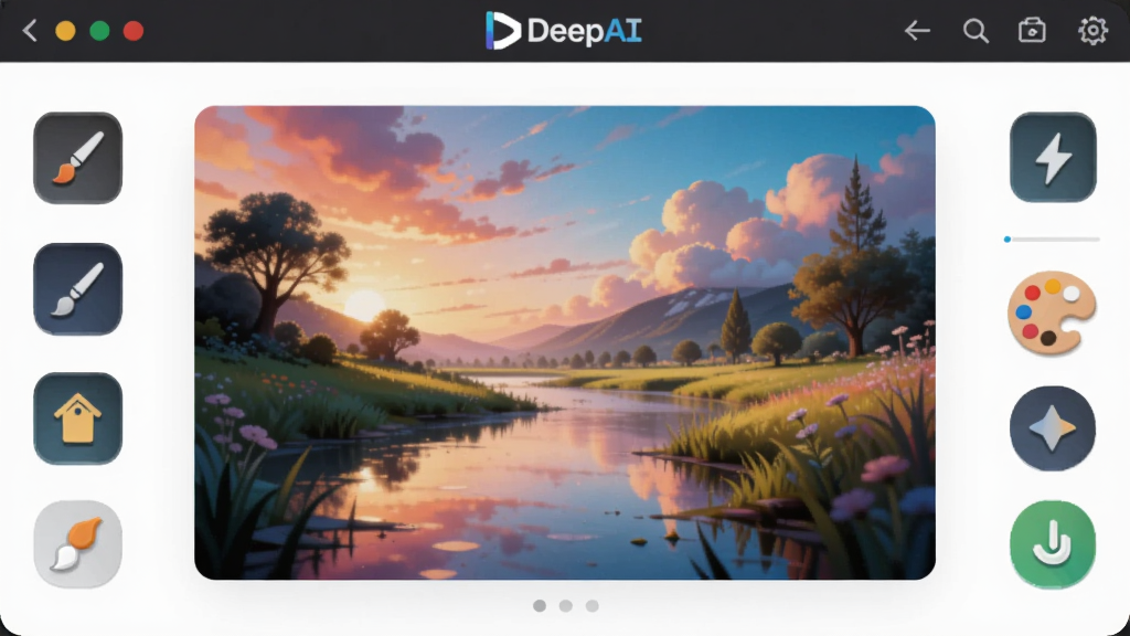 ��������ΪDeepAIȫ�����ֻ滭���ܽ��棬����չʾһ����AI���ɵķ羰������Χ�л��ʡ���ɫ��ȹ���ͼ�꣬���־��У��Ű��в�Σ����Ϊ�λ������磬ϸ�ڰ���ɫ�ʽ������ӰЧ�������ʸ��壬�ɾ��޶���Ԫ��