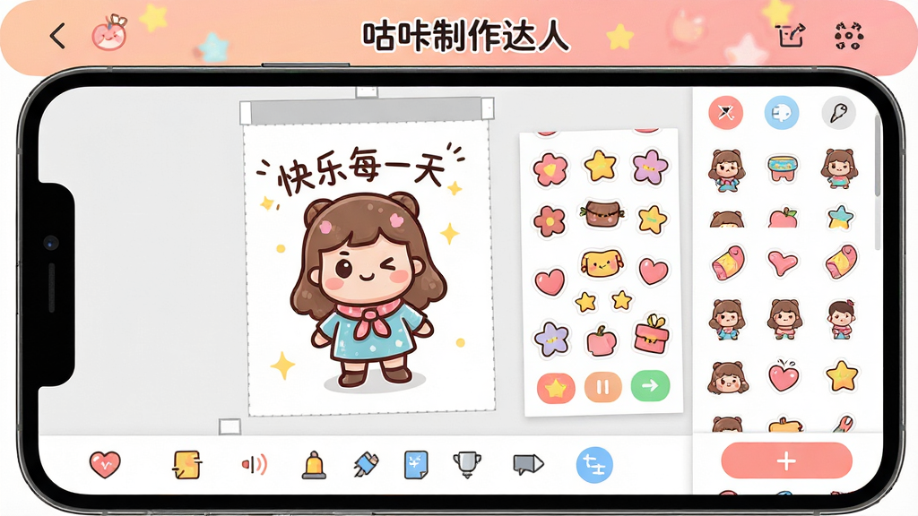 ���壺�ֻ���Ļ��ʾ�����������˱༭���棬��������һ�����������Ĺ������Ա�����ֽ�ز����͹��߰�ť�����֣��༭��ռ��Ļ�󲿷֣��Ҳ����ز��б����ײ��й��������Ű棺�����࣬����ͼ���������롣��񣺿�ͨ�ɰ���ɫ�����ޡ�ϸ�ڣ���Ļ�Ϸ��С������������ˡ������������еĹ��������֡�����ÿһ�족�����ʣ����壬�����������޶���Ԫ�ء�