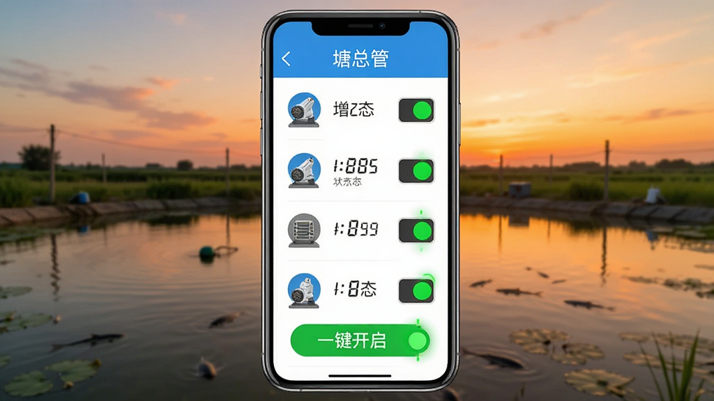 展示“塘总管”设备控制面板的截图风格图片,界面中有多个设备图标开关,背景是户外鱼塘黄昏景象。主体为智能手机界面,布局以上下结构展示设备列表与状态。排版强调“一键开启”按钮与绿色运行指示灯。风格简洁明亮,细节包括增氧机图标与电流数值。画质清晰,干净无多余元素。