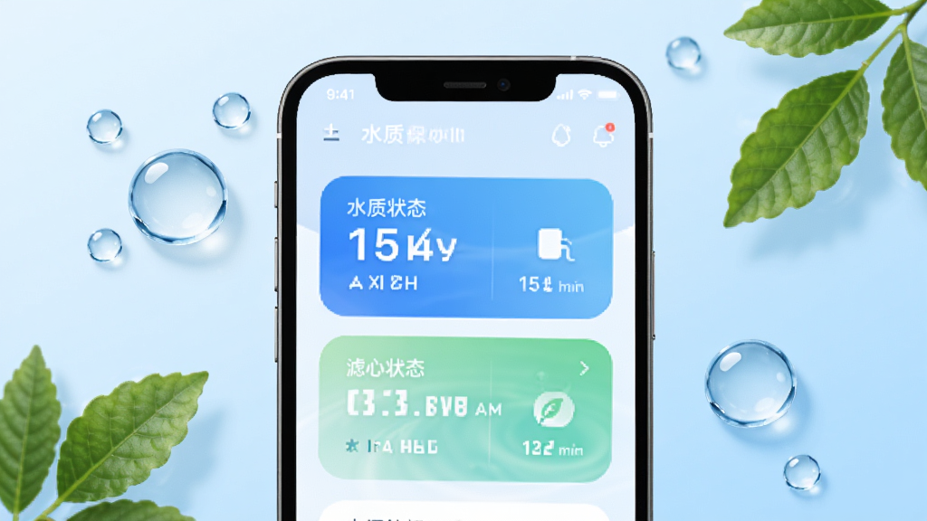 ͼƬչʾʿ�������������棬������һ�������ֻ���Ļ��д����Ļ����ʾˮ����ֵ����о״̬��Ƭ������Ϊǳ��ɫ���䣬��Χ����ˮ�κ���ҶԪ�أ����岼�ָɾ���ˬ��UI����ִ���Լ���߻��ʣ��ɾ����޶���Ԫ��