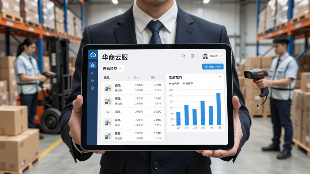 图片主体为一位穿着商务装的年轻管理者手持平板电脑,平板屏幕上正显示