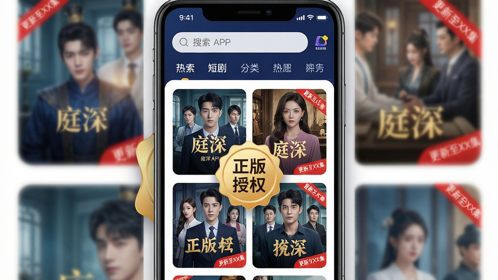 ͼƬ����Ϊͥ��APP�ġ����Ŷ̾硱��������ͼ�����ֻ�������ʽչʾ�������Ϸ���������������ǩ�����·�����������С��һ�ľ��η�����ɵ��ٲ�����ÿ�����涼ӡ�в�ͬ���Ķ̾纣���������С�������XX�����ĺ�ɫ�Ǳꡣ��������������һö��ɫ�ġ�������Ȩ�����¡����ֲ��öԳ�ʽ����Ϣ�㼶���������Ϊ����UI������ƣ���ɫ��ͥ���־�Ե��������ɫΪ����ͼ��Բ���࣬��������ϸ�壬�޶���Ԫ�ء�