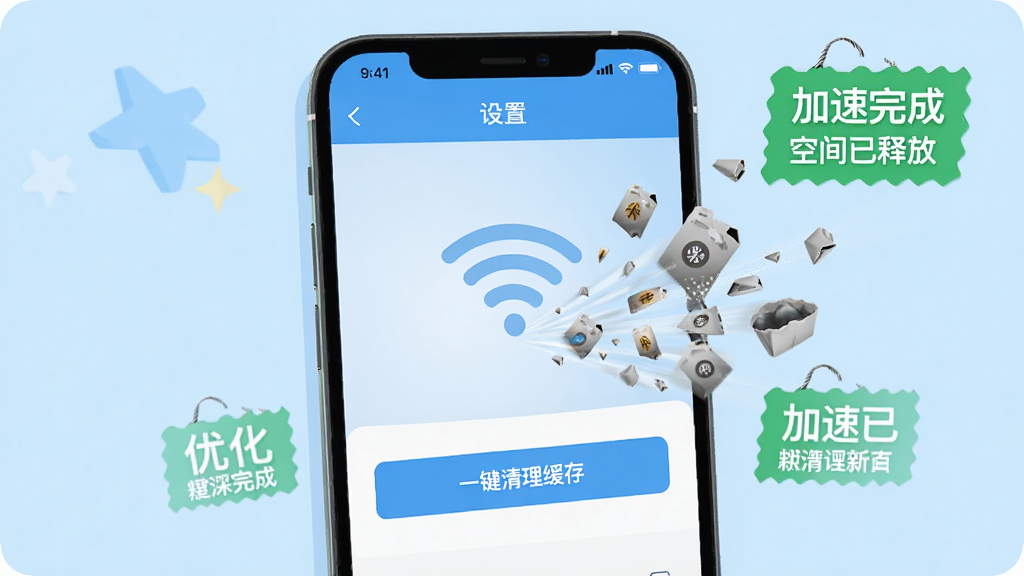 �ֻ���Ļ����ʾͥ��APP�ġ����á�ҳ�棬��WiFi�����µ����һ���������桱��ť���ֻ���Χ���ִ��������ļ���С��Ƭ������Ķ�̬��Ч����������ˬ��ǳ��ɫ�������С�������ɡ������ռ����ͷš�����ɫ������������Ϊ����ƽ��廭�����ɾ�������ϸ�ڷḻ��ͻ���Ż������������⣬�޶���Ԫ�ء�
