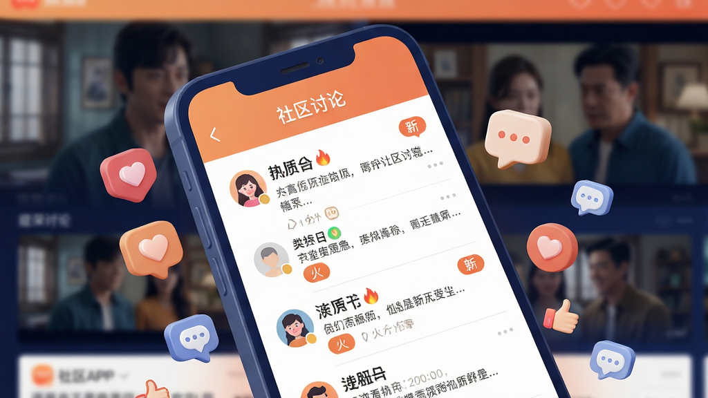 ͼƬ����չ��ͥ��APP�ġ��������ۡ�ҳ�棬������ģ���ľ缯���档ǰ����һ���ֻ���Ļ����Ļ����ʾ���ȶȺܸߵ��������б���ÿ�����Ӵ����û�ͷ���ǳƺ�����ժҪ���������С��𡱡����¡���С��ǩ����Ļ��Χ�����Ű��ġ����ݡ���Ĵָ�Ȼ���ͼ�ꡣ���廭��ɫ����ͣ���ů��ɫ������ɫΪ����Ӫ������ֻ�Ծ��������Χ�����Ϊ����2.5D�廭��񣬹�ͼ������ϸ�ڷḻ������ɾ��޶������֡�