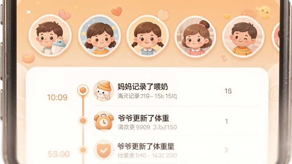 �����ֱ��ǻ�APP�ļ�ͥ����ҳ�棬������ʾ����ͷ���б����·���̬ʱ����չʾ�������¼��ι�̡�����үү���������ء�����Ϣ��������ůɫ��Ϊ����ͷ��Բ��ɰ���������ܰ��г����������������ɾ��޶���Ԫ�ء�