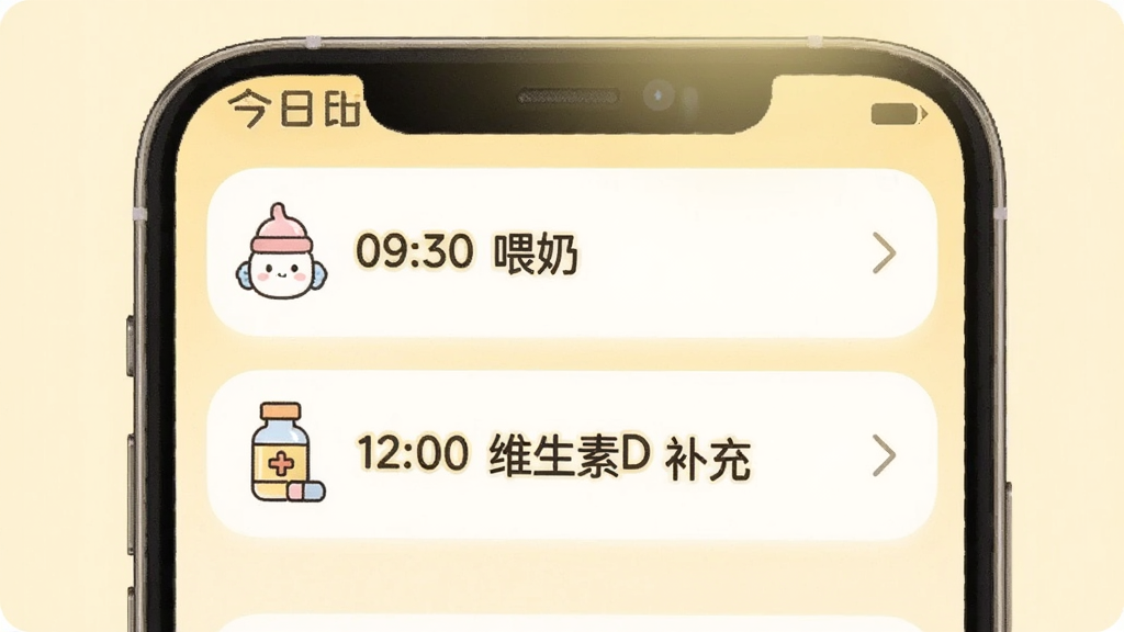 �����ֱ��ǻ�APP������֪ͨҳ�棬������ʾ���մ�������硰09:30 ι�̡�����12:00 ά����D���䡱��ÿ������ǰ�пɰ���Сͼ�꣬����Ϊ����ɫ����������ˬ�����ʸɾ����޶���Ԫ�أ�ͻ���������ѵĹ��ܡ�