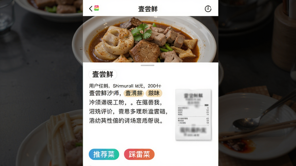 主体:一张“壹尝鲜”应用内的用户笔记详情页,顶部为诱人的美食实拍照片,下方为文字评价和一张模糊处理的小票图片,以及“推荐菜”和“踩雷菜”标签。布局:采用上下滑动式长截图设计,照片占据画面上半部,评价文字与标签依次排列。排版:文字段落清晰,标签使用彩色圆角矩形,整体风格写实干净,色彩自然,画质锐利,无多余元素。